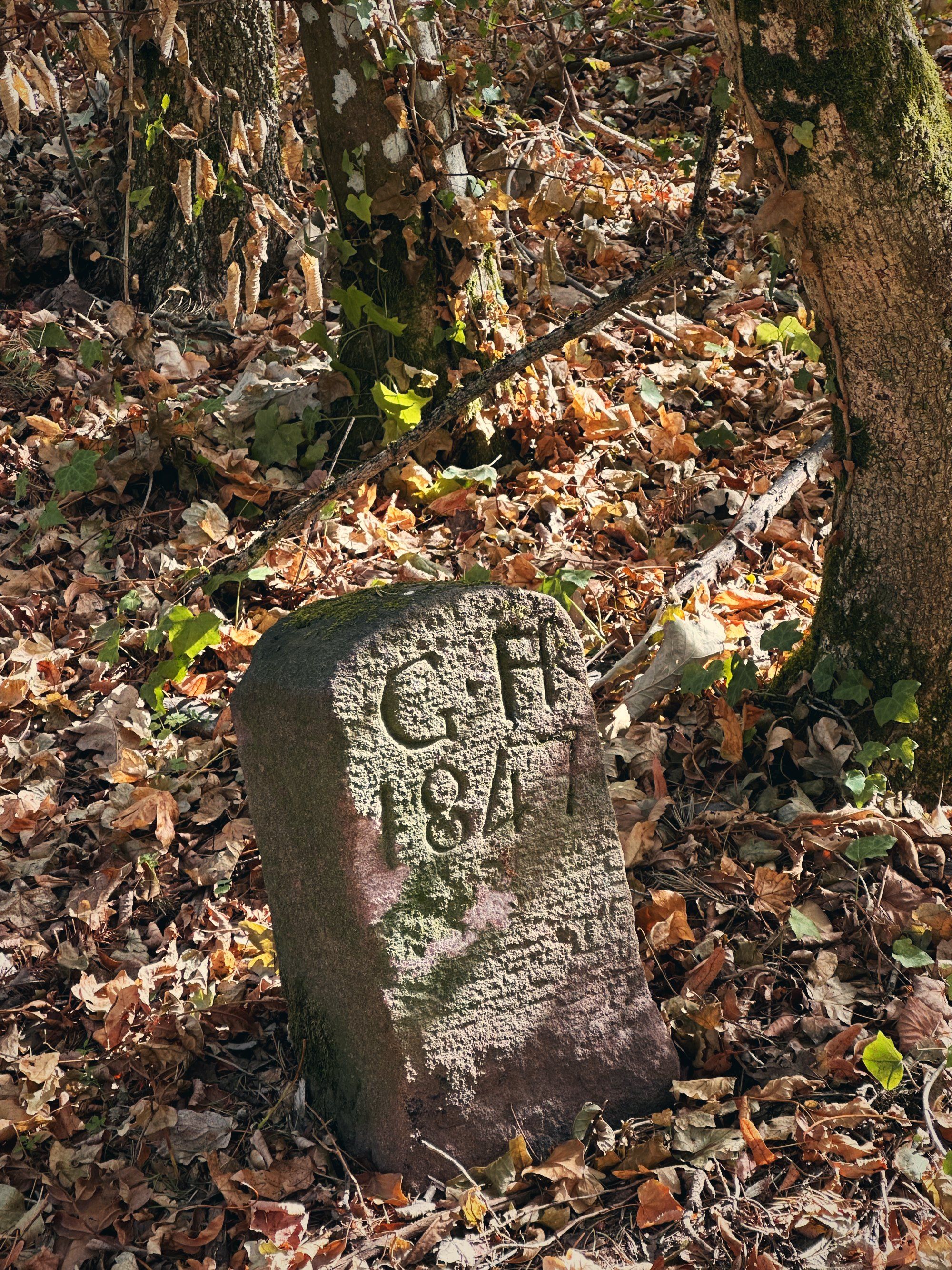 Alter, verwitterter Grenzstein im Herbstlaub