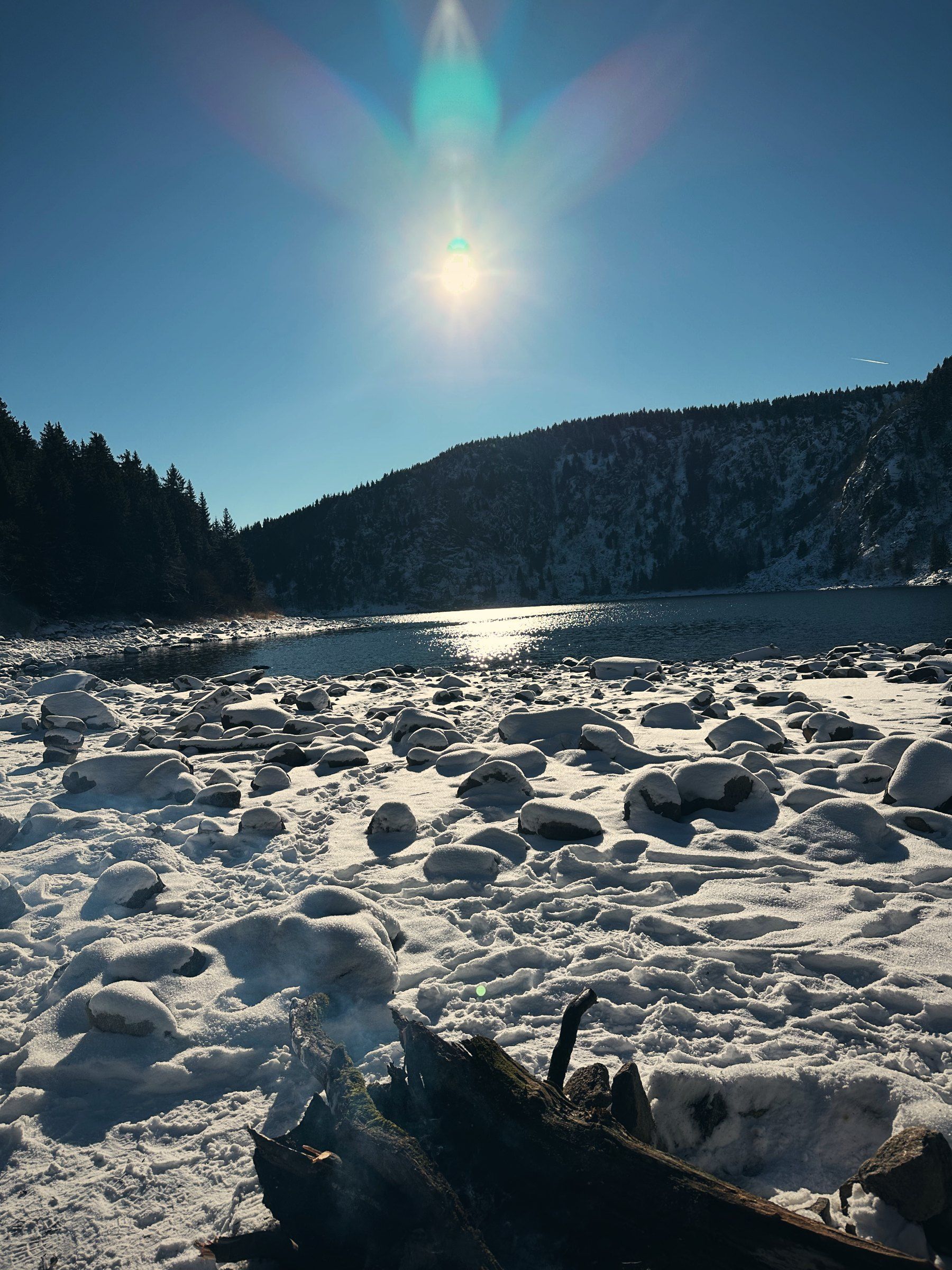 Rive enneigée du lac Blanc au soleil