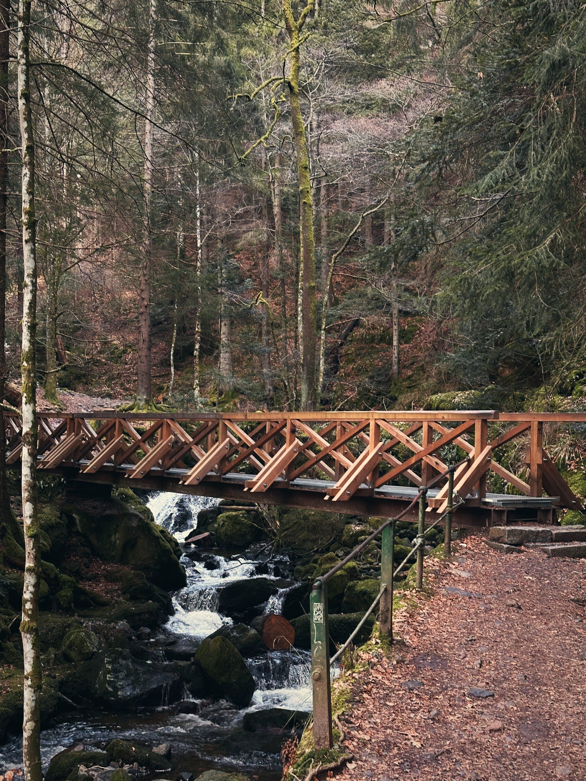 Holzbrücke über einem kleinen Wasserfall im winterlichen Wald