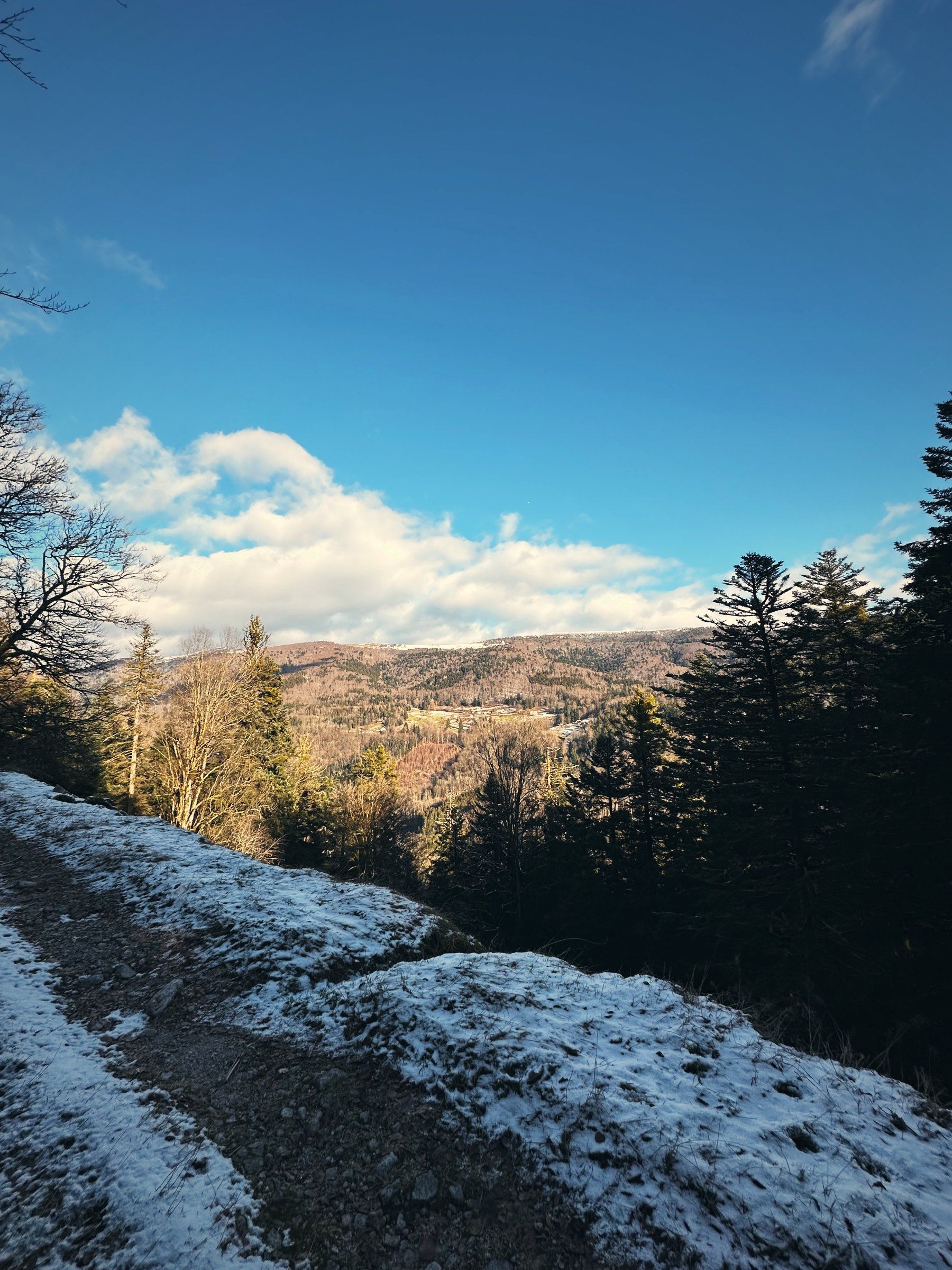 Verschneiter Weg mit Blick über die Vogesen